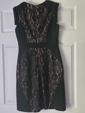 Saks Fifth Avenue Black Lace-Panel Mini Dress with Nude Underlay